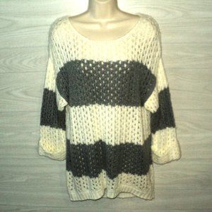 Olivia Sky Sweater Women's Size L Gray & Off-White Horizontal Wide Stripes Airy